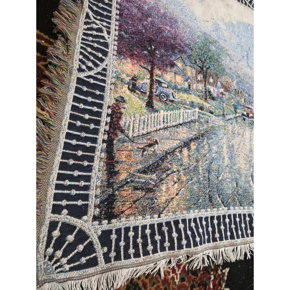 Thomas Kinkade Woven Tapestry Throw Blanket Rainy Neighborhood